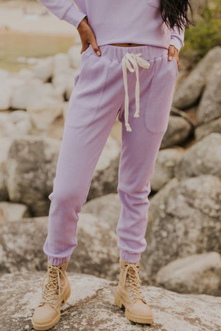 Hot Girl Waffle Knit Long Sleeve Top and Drawstring Pants Lounge Set In Lavender