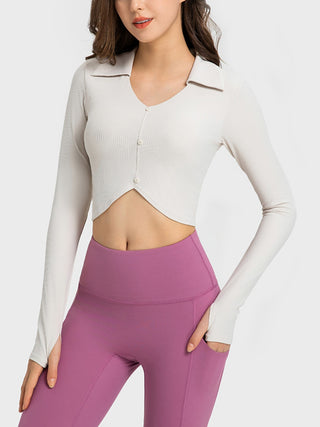 Hot Girl STRETCH Johnny Collar Long Sleeve Active Crop Top