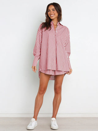 Hot Girl Striped Button Up Shoulder Shirt and Shorts Two Piece Set