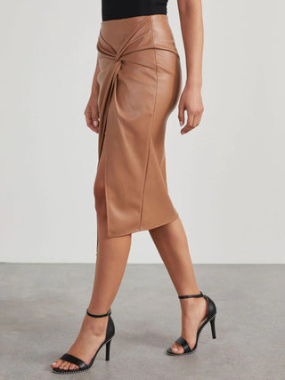 Hot Girl Twist Detail High Waist Vegan Leather Midi Skirt