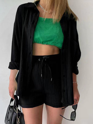 Hot Girl Soft Rayon Textured Button Up Shirt and Drawstring Shorts Two Piece Set