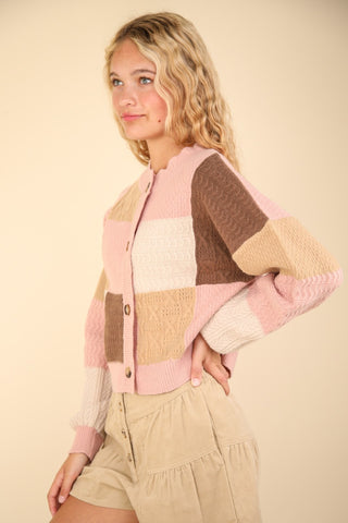 Hot Girl Funky Town Color Block Textured Cotton Cardigan In Blush