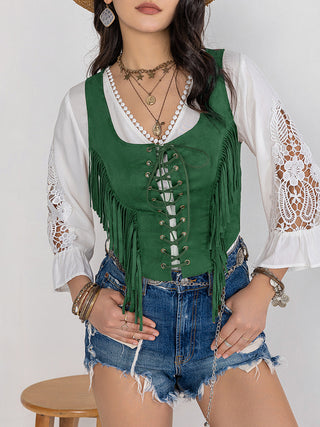 Hot Girl Cowboy Fringe Lace-Up Wide Strap Tank In Green Short Sleeve Top