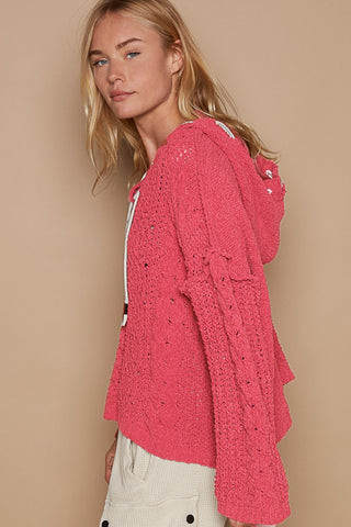 Hot Girl Cable Knit Hooded Chenille Sweater In Fuschia