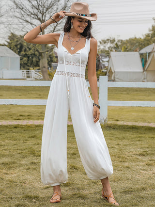 Hot Girl Open Lace Accent Back Wide Leg Boho Jumpsuit In White