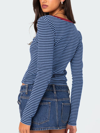 Hot Girl Striped Henley Long Sleeve T-Shirt