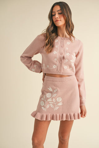 Hot Girl MABLE Floral Embroidered Cropped Cardigan and Ruffled Mini Skirt Set