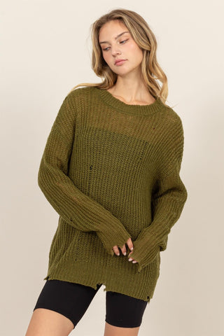 Hot Girl HYFVE Distressed Long Sleeve Knit Top In Moss