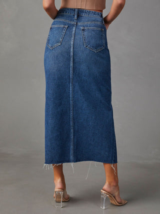 Hot Girl Slit Raw Hem Midi Denim Skirt - Hot Girl Apparel