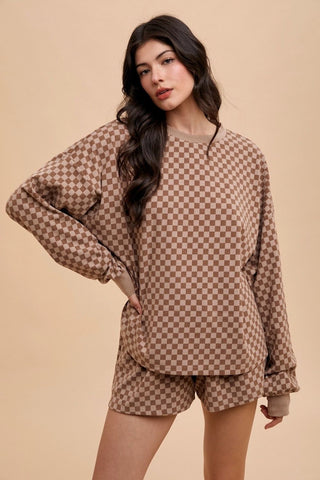 Hot Girl Annie Wear Checkered Top and Drawstring Short Lounge Set In Mocha