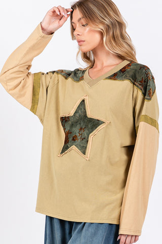 Hot Girl SAGE + FIG All Star Patch Color Block Long Sleeve T-Shirt In Olive