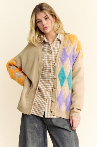 Hot Girl Davi & Dani Argyle V-Neck Color Pop Cardigan In Tan