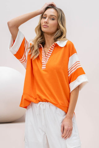 Hot Girl Hailey & Co Full Size Contrast Stripe Polo Shirt In Orange - Hot Girl Apparel