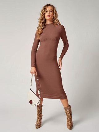 Hot Girl Kailani Knit Mock Neck Long Sleeve Midi Dress In Brown