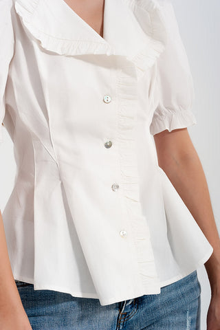 Hot Girl Poplin Frill Detail Wrap Short Sleeve Cotton Blouse In White