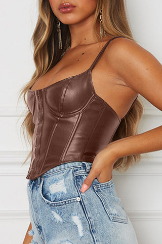 Hot Girl Faux Leather Corset  Short Sleeve Top