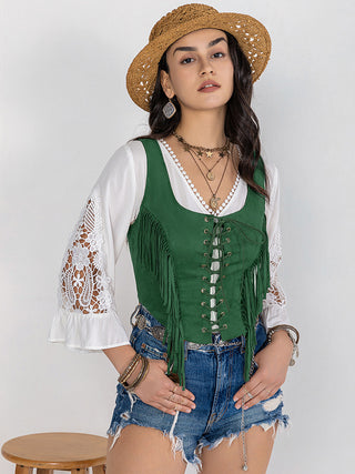 Hot Girl Cowboy Fringe Lace-Up Wide Strap Tank In Green Short Sleeve Top