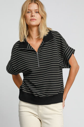 Girl X Umgee Striped Half Zip Short Sleeve Sweatshirt In Black