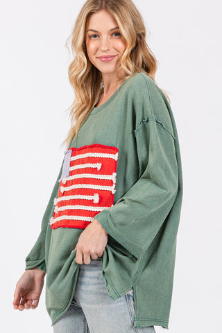 Hot Girl SAGE + FIG American Flag Open Stitch Cotton Long Sleeve T-Shirt In Green