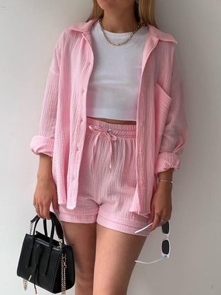 Hot Girl Soft Rayon Textured Button Up Shirt and Drawstring Shorts Two Piece Set