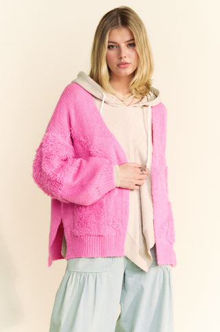 Hot Girl X Davi & Dani Fuzzy Sleeve Open Front Cardigan In Hot Pink