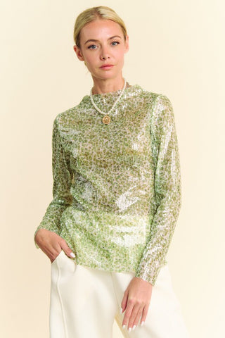 Hot Girl X Davi & Dani Sequined Mesh Mock Neck Long Sleeve Top In Sage