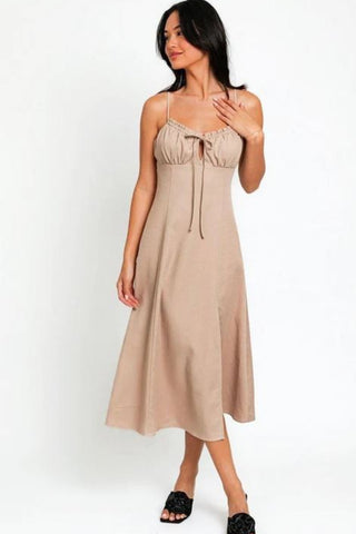 Hot Girl Tasha Flare Front Tie Slit Midi Dress In Beige - Hot Girl Apparel