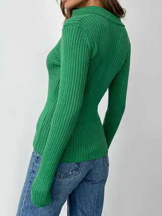 Hot Girl Oh Johnny Collar Ribbed Knit Long Sleeve Top