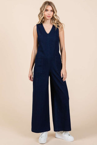 Hot Girl Mitto Sleeveless Wide Leg Denim Jumpsuit In Dark