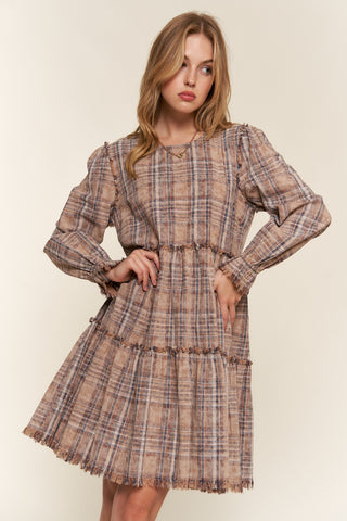 Hot Girl And The Why Vintage Plaid Tiered Cotton Long Sleeve Mini Dress