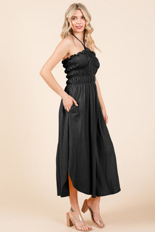 Hot Girl Culture Code Shirring Halter Midi Dress with Pockets In Black