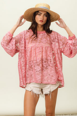 Hot Girl Floral Lace Boho Top In Mauve Long Sleeve Top