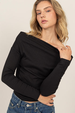 Hot Girl HYFVE Off Shoulder Ribbed Knit Long Sleeve Top In Black