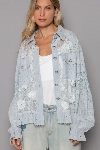 Hot Girl Eyelet Flower Pearl & Lace Patchwork Long Sleeve Shirt In Dusty Blue