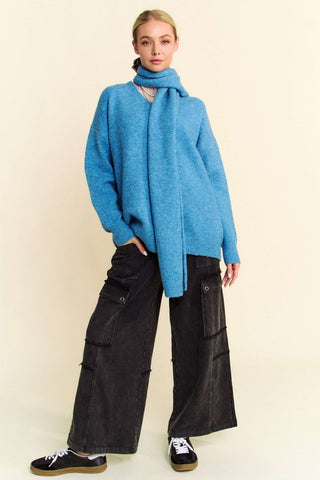 Hot Girl X Davi & Dani V-Neck Dropped Shoulder Sweater With Scarf In Cerulean Blue