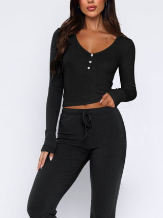 Hot Girl Henley Long Sleeve Top and Pants Two Piece Lounge Set