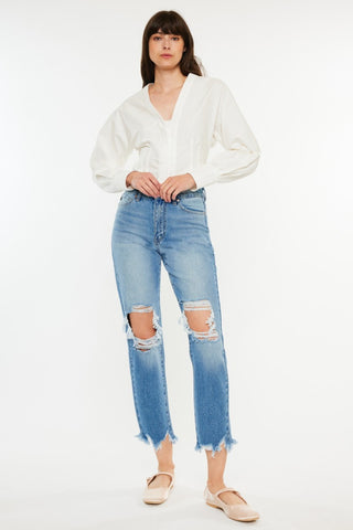 Hot Girl X Kancan Distressed Frayed Hem Cropped Jeans In Medium Wash