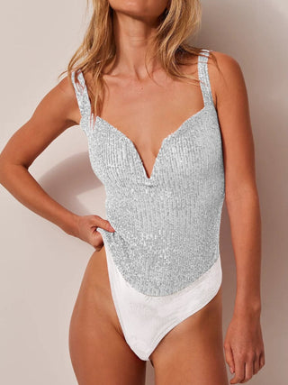 Hot Girl Sequin Notched Neck Bodysuit