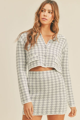 Hot Girl MABLE Houndstooth Cropped Knit Cardigan and Mini Skirt Set In Grey