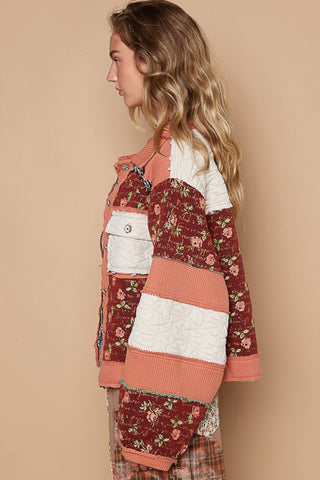 Hot Girl Washed Floral Exposed Seam Color Block Jacket In Brick