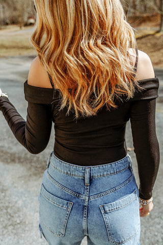 Hot Girl Cutout Cold-Shoulder Long Sleeve Bodysuit In Black - Hot Girl Apparel