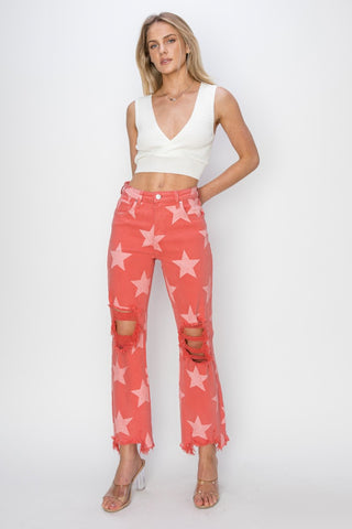 Hot Girl Distressed Raw Hem Star Pattern Jeans In Red - Hot Girl Apparel