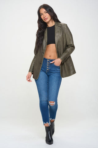 Hot Girl X Coalition LA Single-Breasted Vegan Leather Blazer In Deep Olive