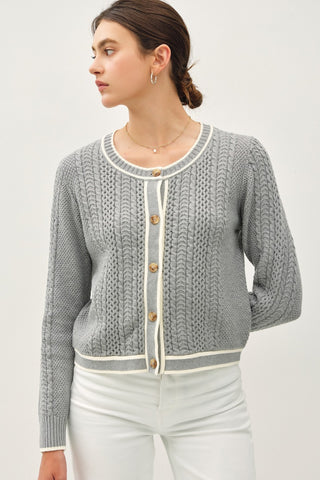 Hot Girl Be Cool Cable Knit Contrast Edge Cotton Cardigan In Grey