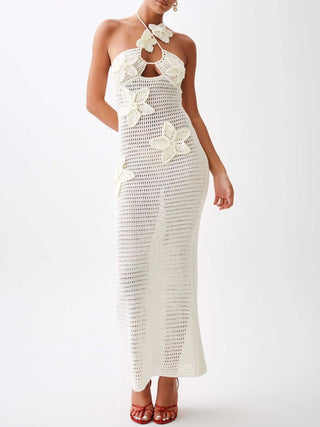 Hot Girl Crochet Flower Halter Neck Knit Maxi Dress