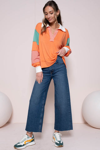 Hot Girl Hailey & Co Color Block Long Sleeve Top with Striped Panel In Orange - Hot Girl Apparel