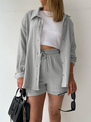 Hot Girl Soft Rayon Textured Button Up Shirt and Drawstring Shorts Two Piece Set