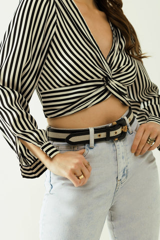 Hot Girl StripedTwisted Long Sleeve Crop Top In Black and White