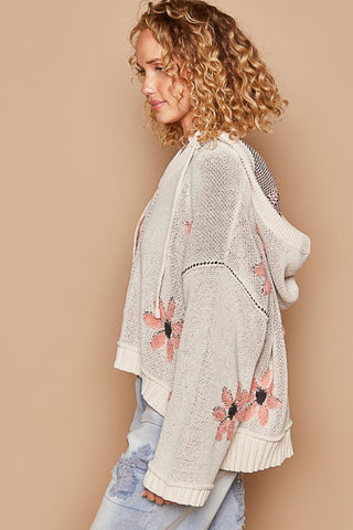 Hot Girl Floral Hooded High-Low Sweater In Cream