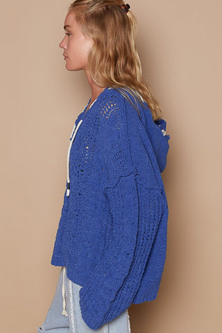 Hot Girl Cable Knit Hooded Chenille Sweater In Blue